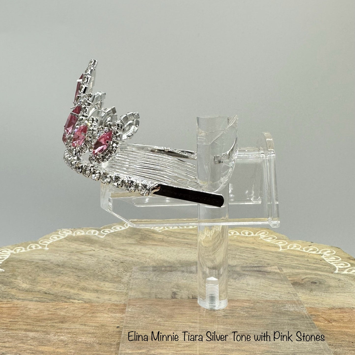 Elina Minnie Tiara Silver Tone with Pink Stones