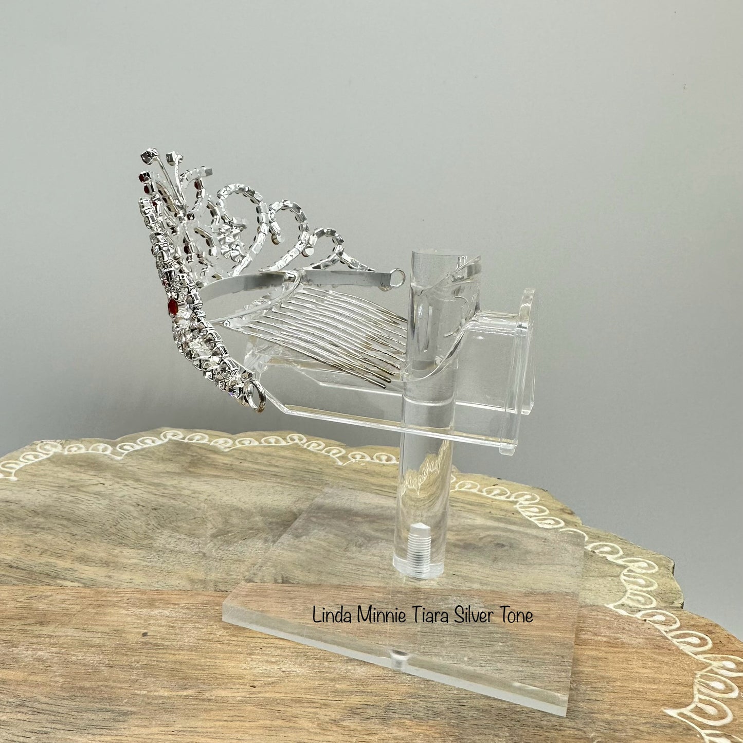 Linda Minnie Tiara Silver Tone with Red Stones