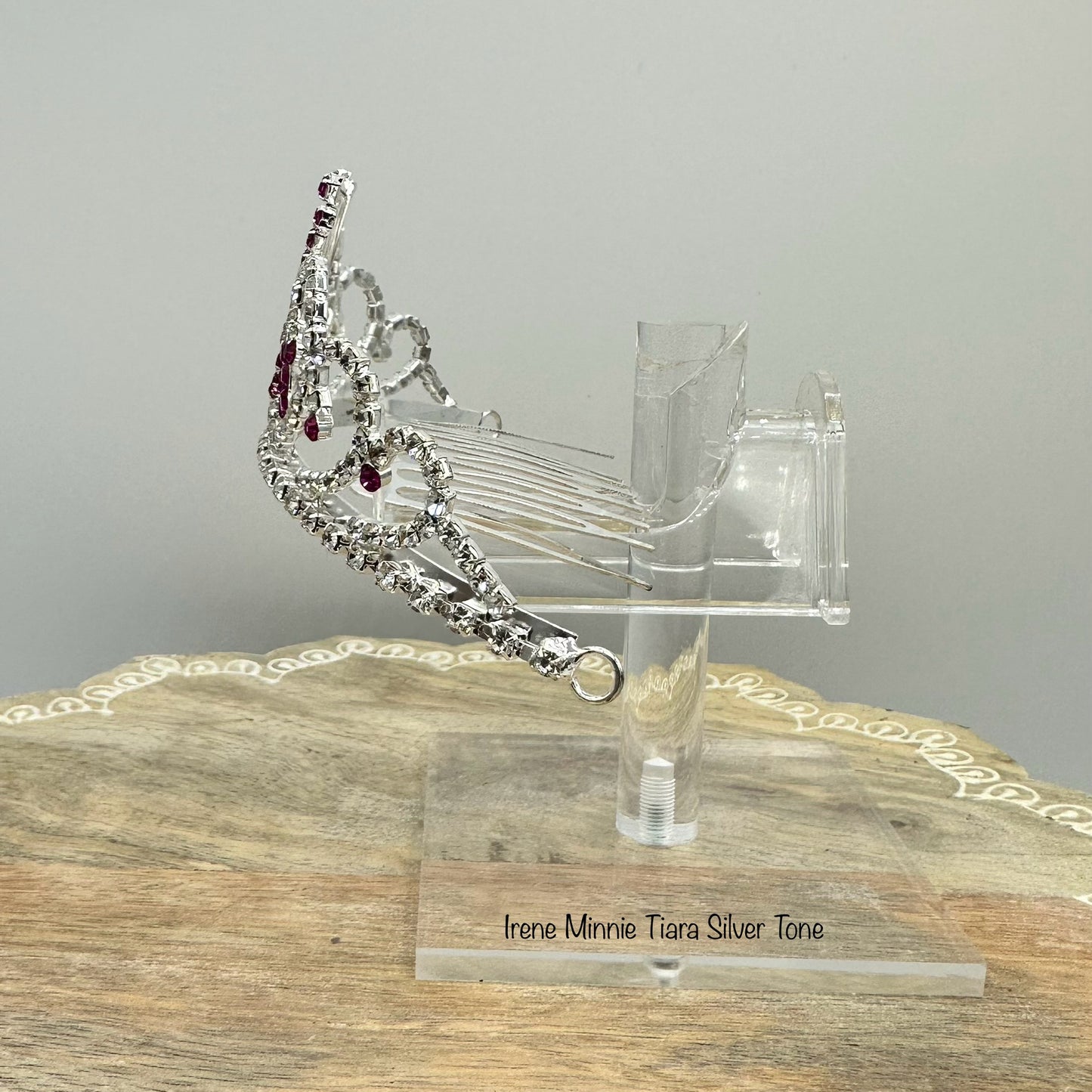 Irene Minnie Tiara Silver Tone with Pink Stones